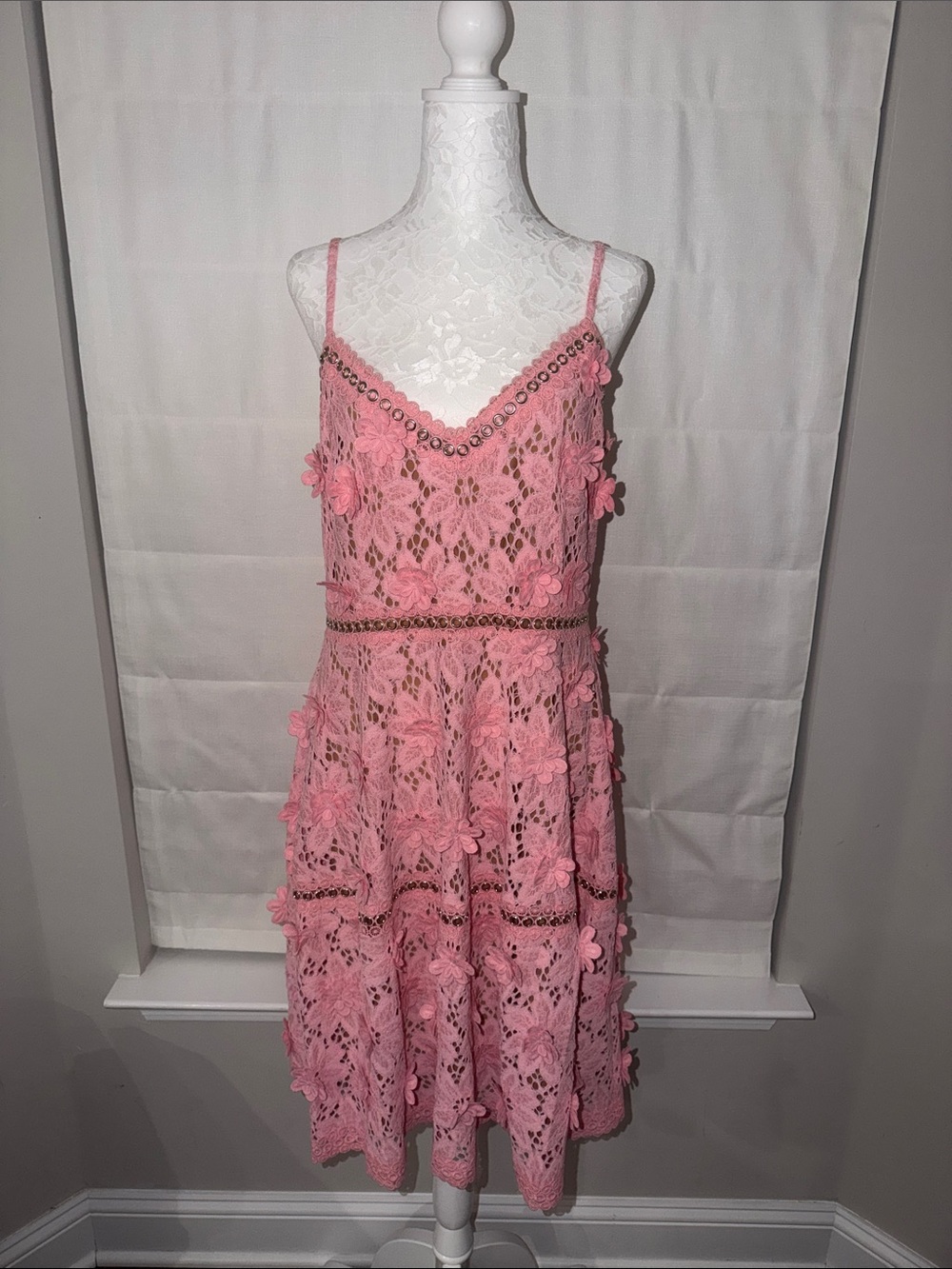 Michael Kors Pink Floral Lace Midi Dress with Spaghetti Straps